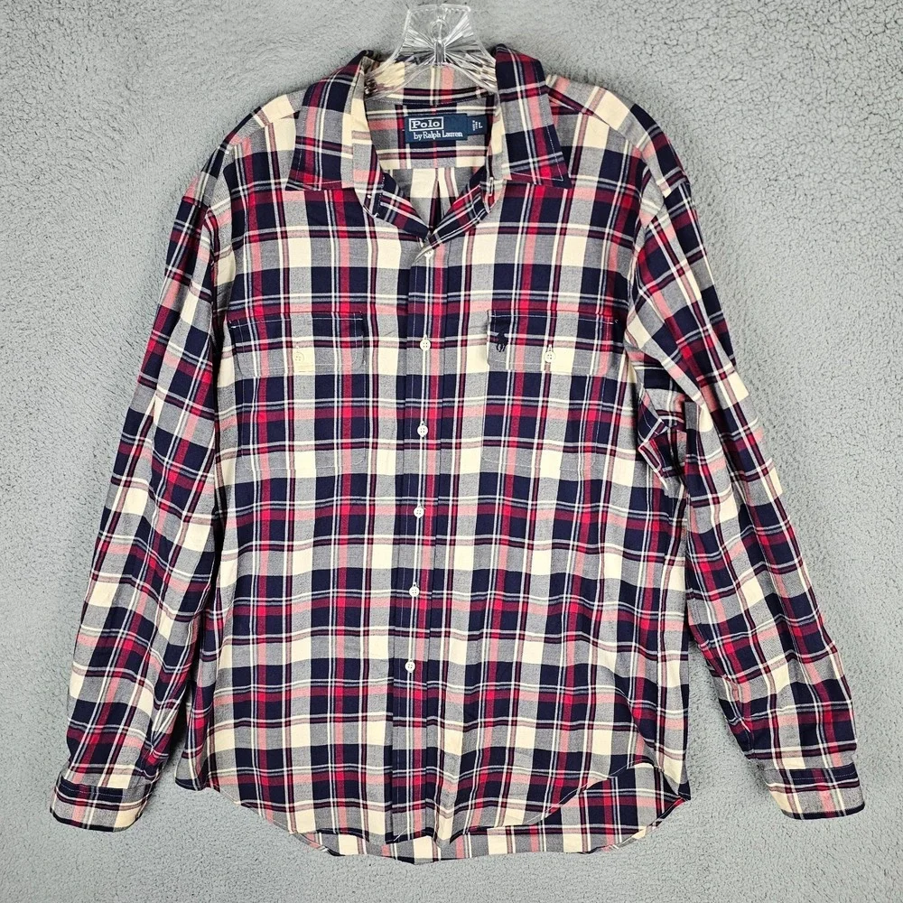 Polo Ralph Lauren Flannel Shirt Mens Large Plaid Long Sleeve Collared‎ Button-Up